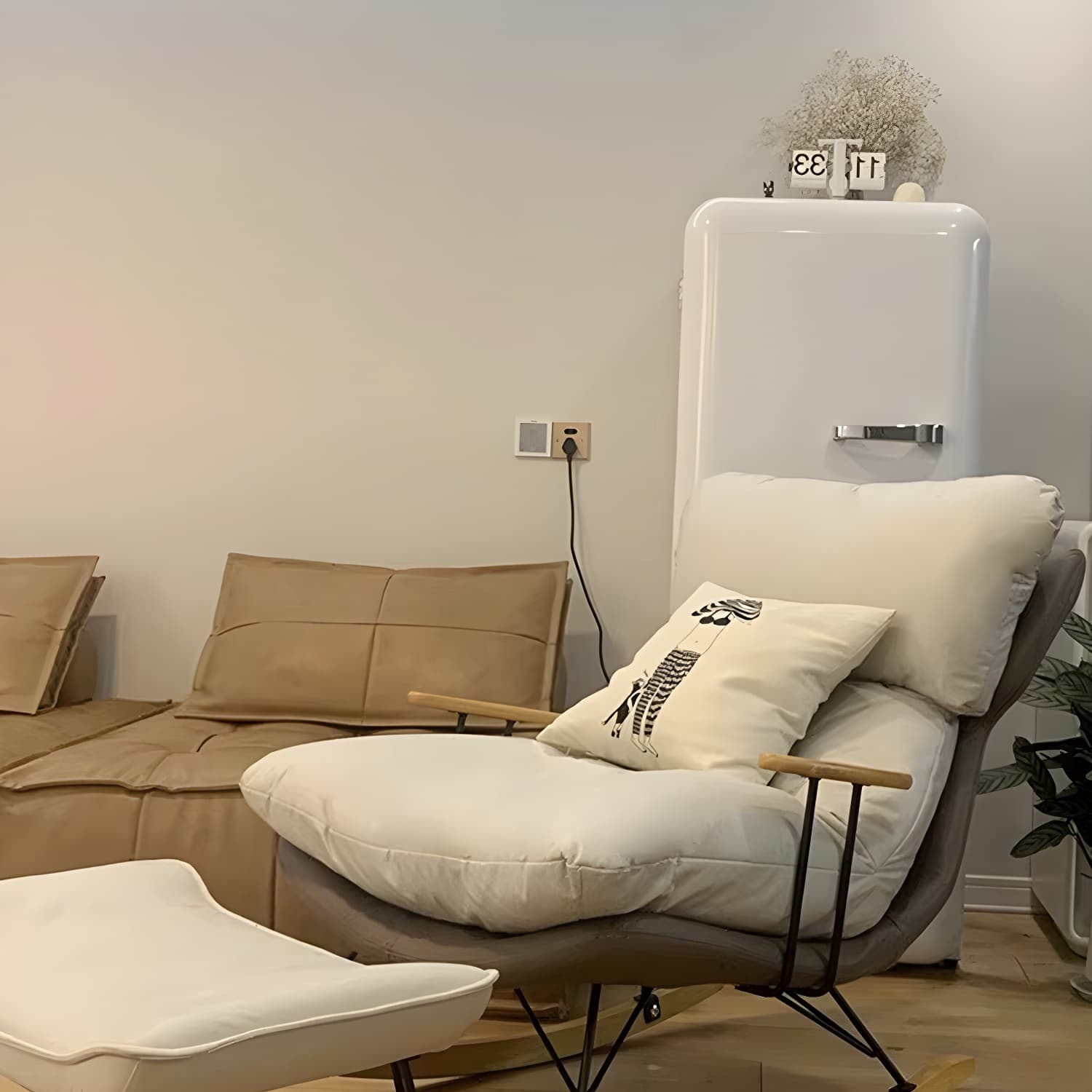 Scandinavian Indoor Upholstered Rocking Chair with Track Arms and Natural Wood Legs thumbnail 8