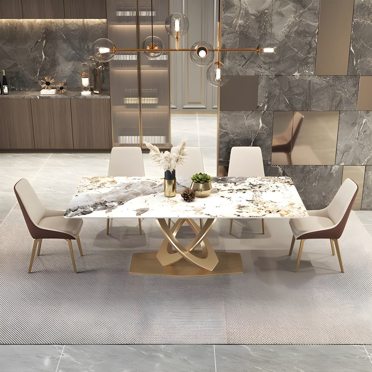 Glossy Beige Dining Table Set 1/2/5/7 Pcs Glam Dinette Set with Leather Chairs thumbnail 9