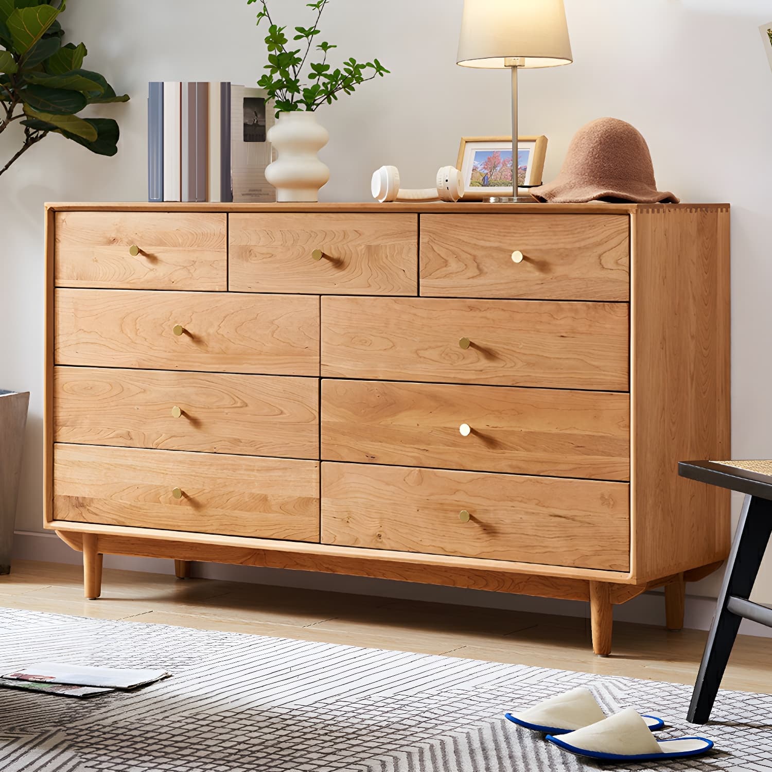 Modern Brown Wood Dresser with Drawers and Gold Metal Handles