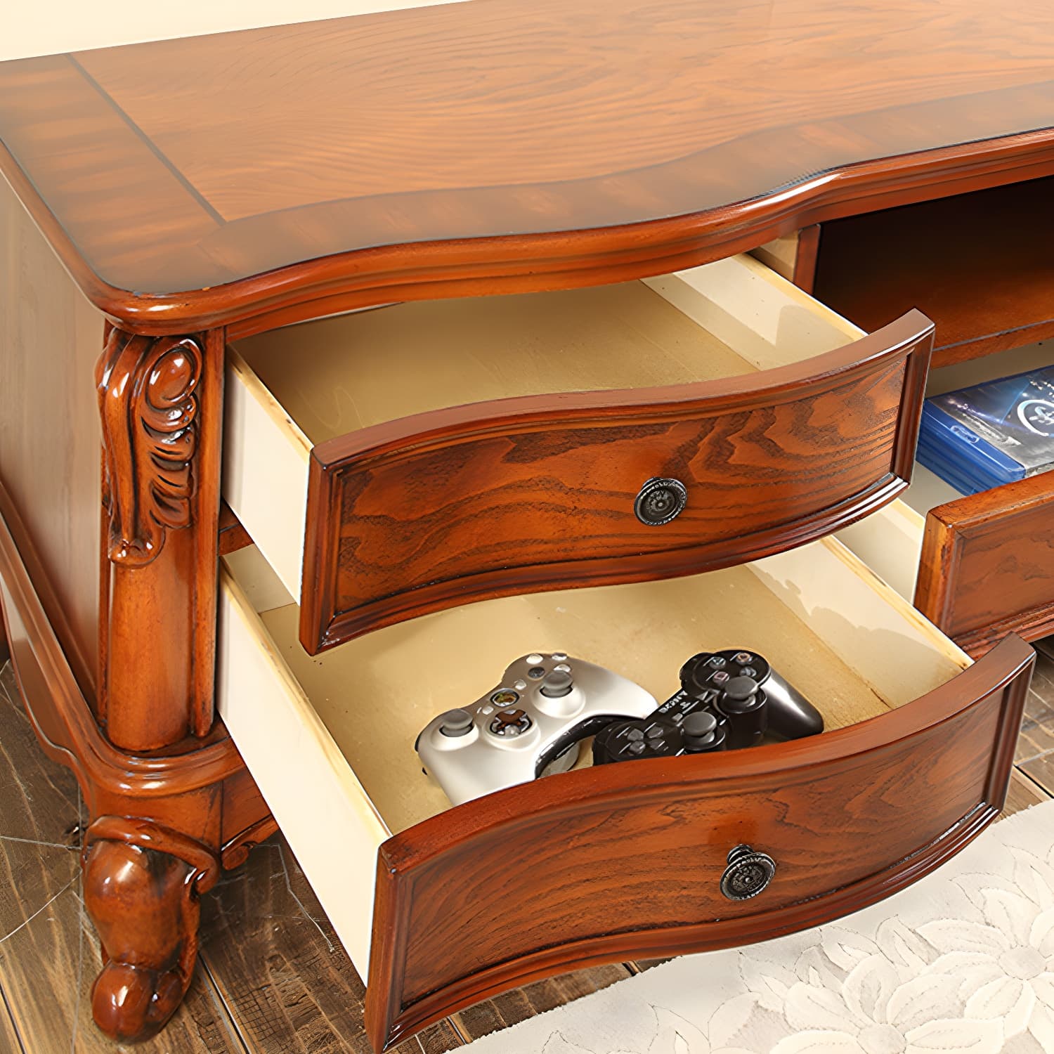 Brown Wooden TV Stand Console Traditional Style Home TV Cabinet with Drawers thumbnail 7