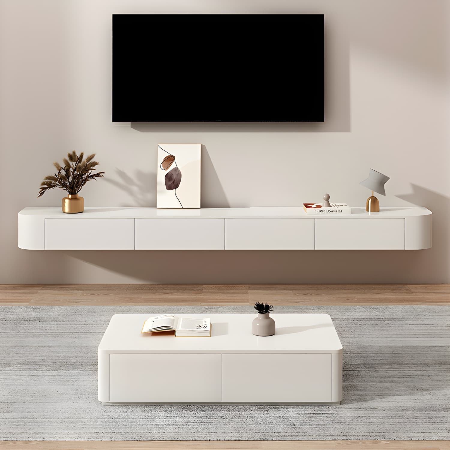 Elegant Rubberwood TV Stand with Floating Mount, Cable Management, and Soft Close Drawers thumbnail 5