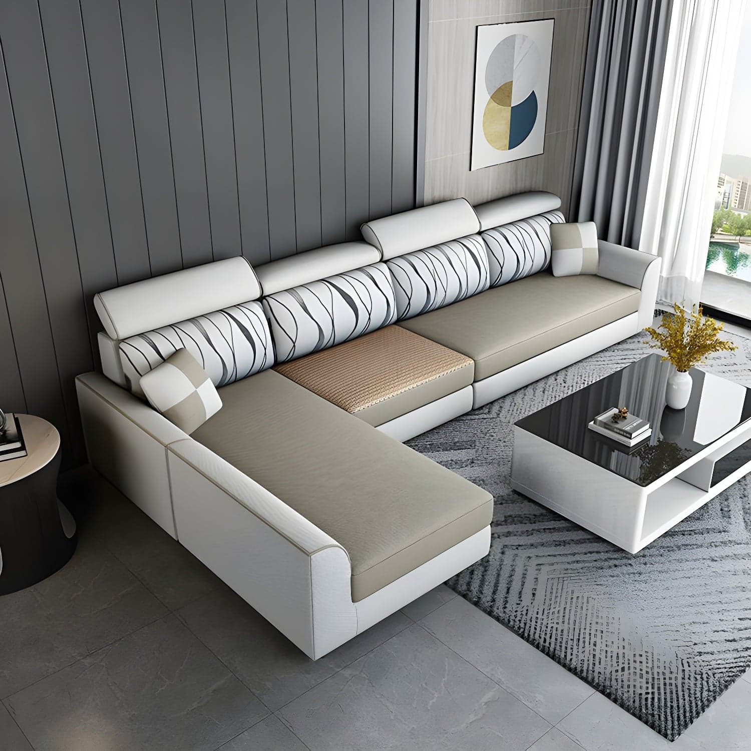 Modern L-Shape Reversible Wood Frame Sectional Sofa Chaise Set thumbnail 10