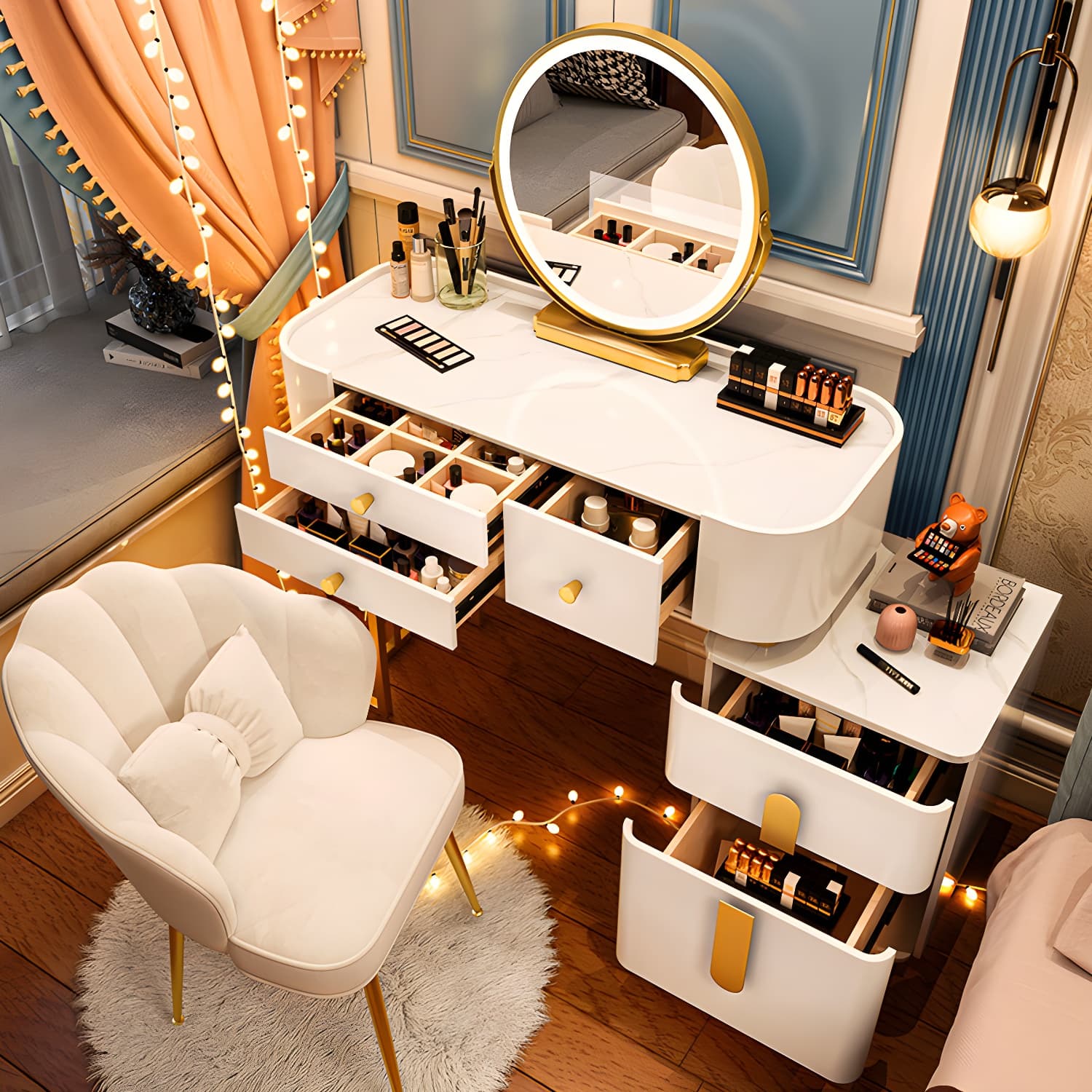 Modern Solid Wood Makeup Vanity Desk Bedroom Vanity Dressing Table Set thumbnail 5
