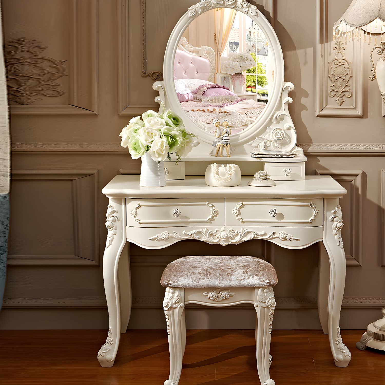 Victorian Makeup Vanity Desk Wood Makeup Vanity Set with Drawer thumbnail 5