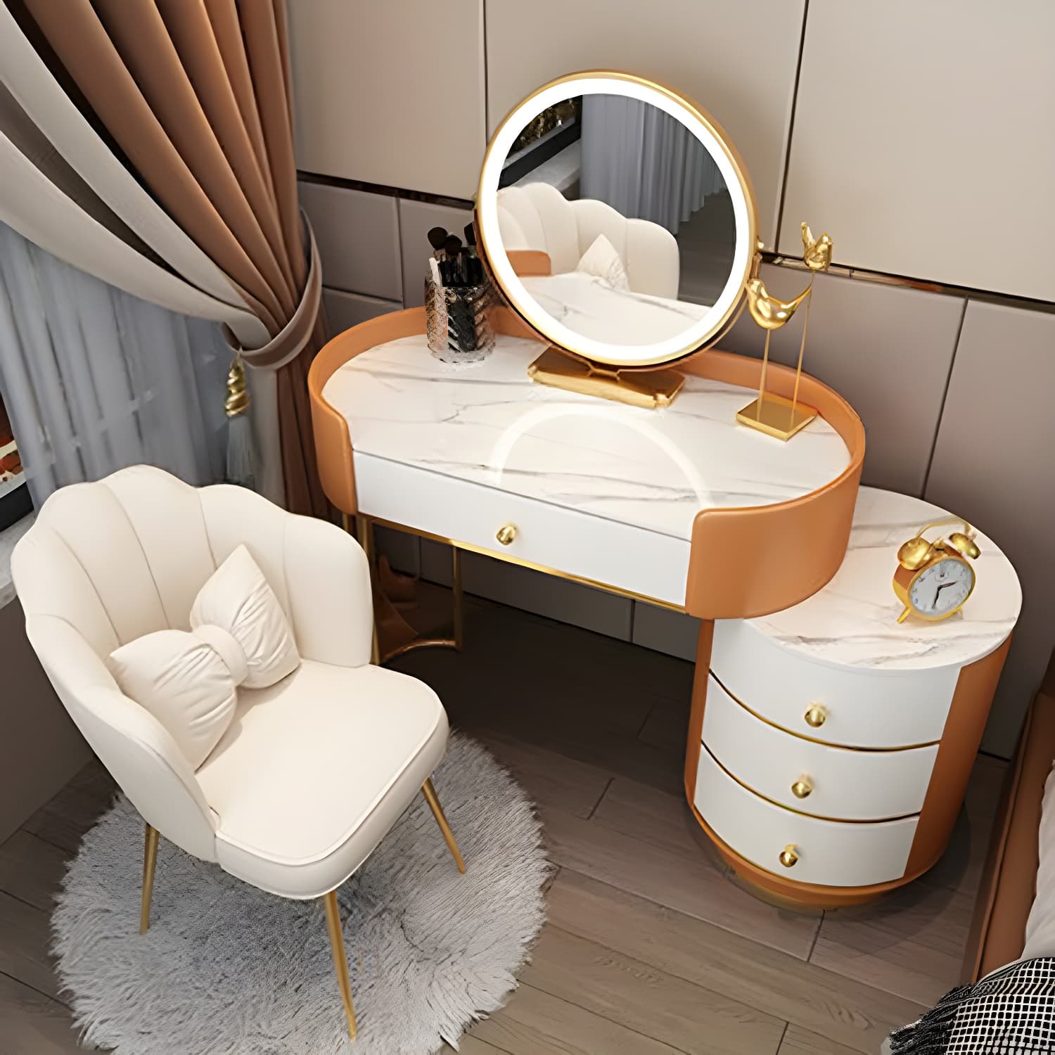 Wooden Makeup Vanity Desk Bedroom Dressing Table Stool Set with Drawer thumbnail 5