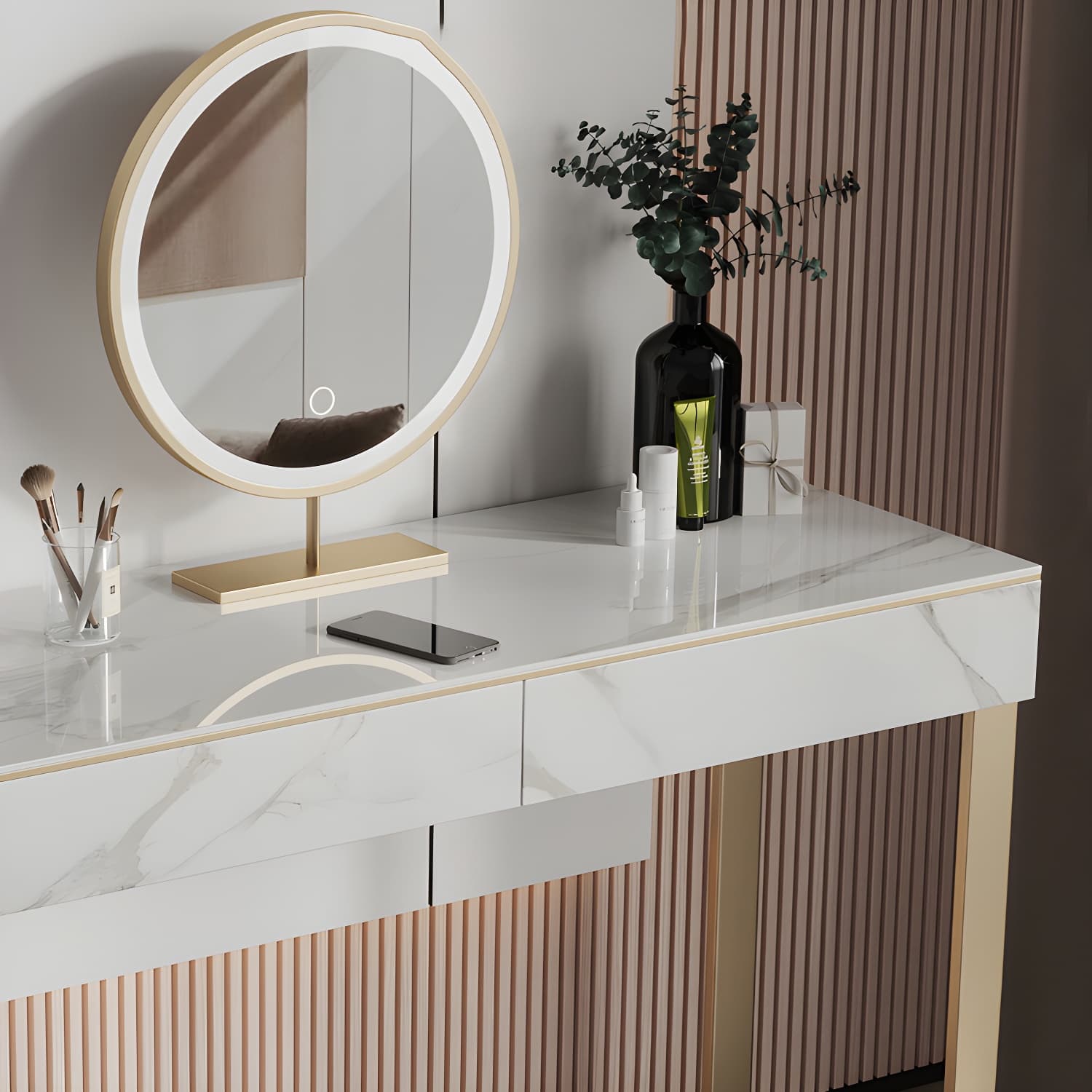 Two Piece Luxurious Vanity Set Stainless Steel and Stone Dresser thumbnail 7
