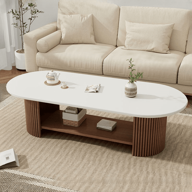 Oval Natural Wood Coffee Table with Twin Support Base, Repository, and 1 Shelf thumbnail 7