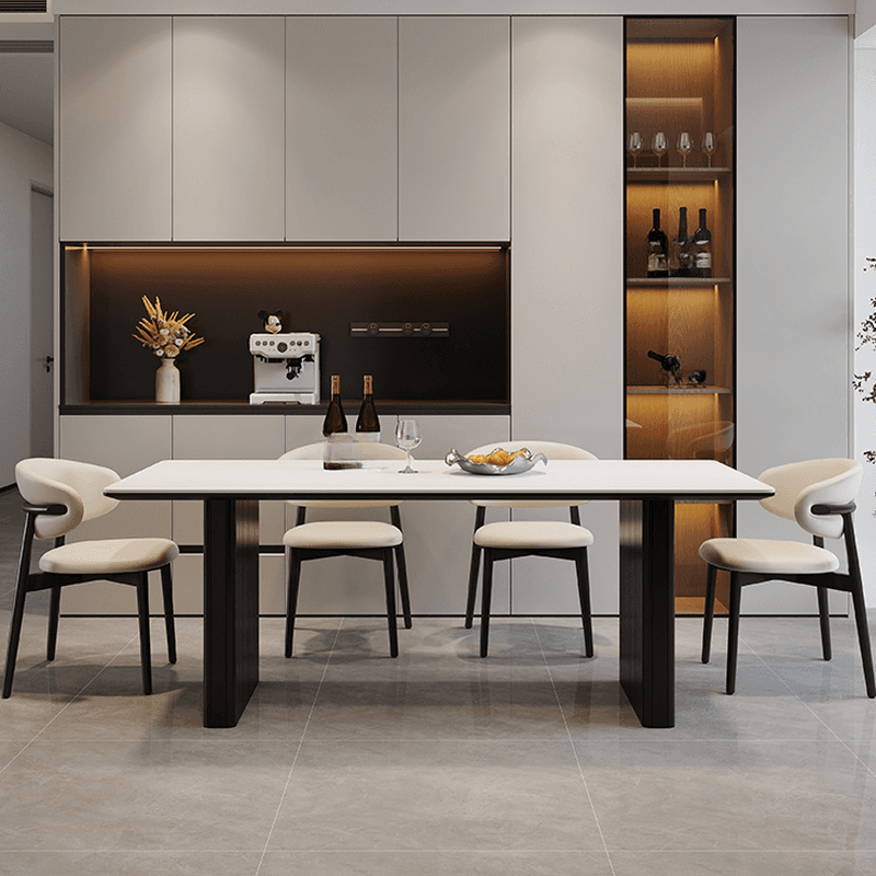 Dining Table Set with Rectangular Slate Stone Top and Two-sided Pedestal, Padded Chair with Back, 5-piece in White thumbnail 2