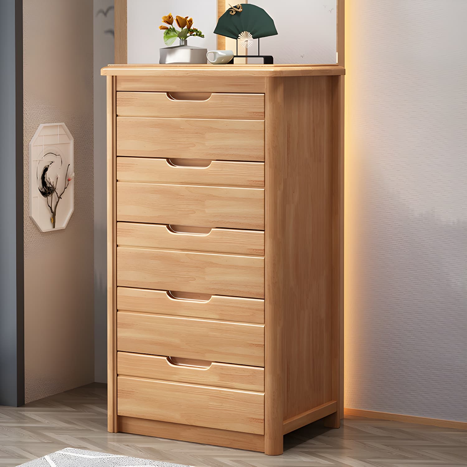 Traditional Wood Dresser with Drawers in Narrow Design and Rubberwood Material thumbnail 5