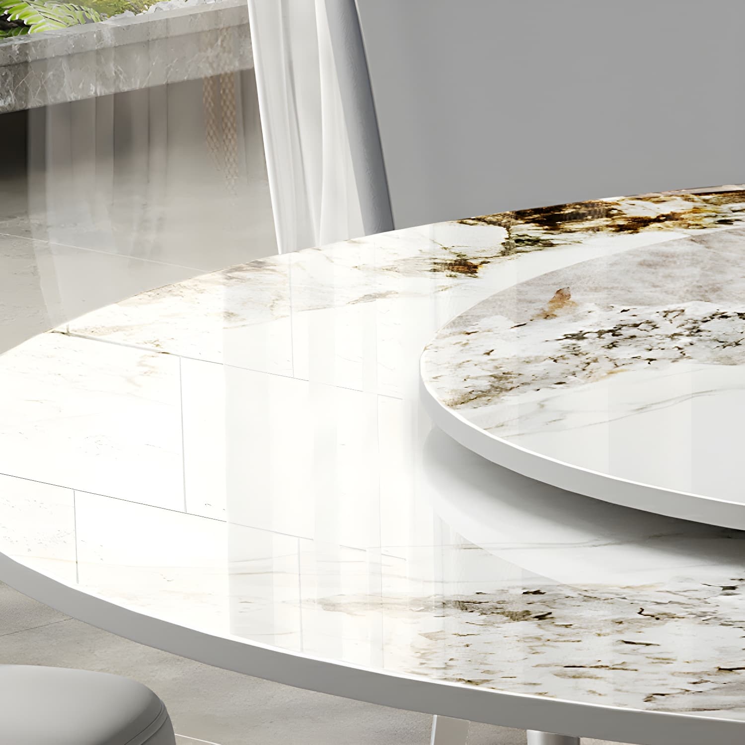 Stunning White Stone Round Dining Table with Lazy Susan and Silver Steel Pedestal Base thumbnail 7