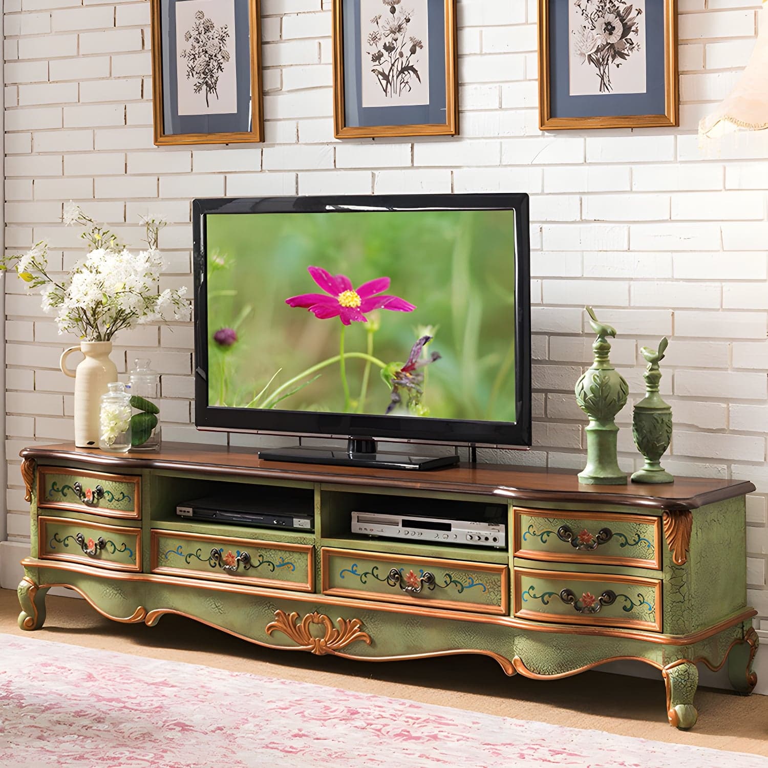 Vintage Birch Wood Media Console Matte Finish TV Media Stand with Drawers and Open Storage thumbnail 3