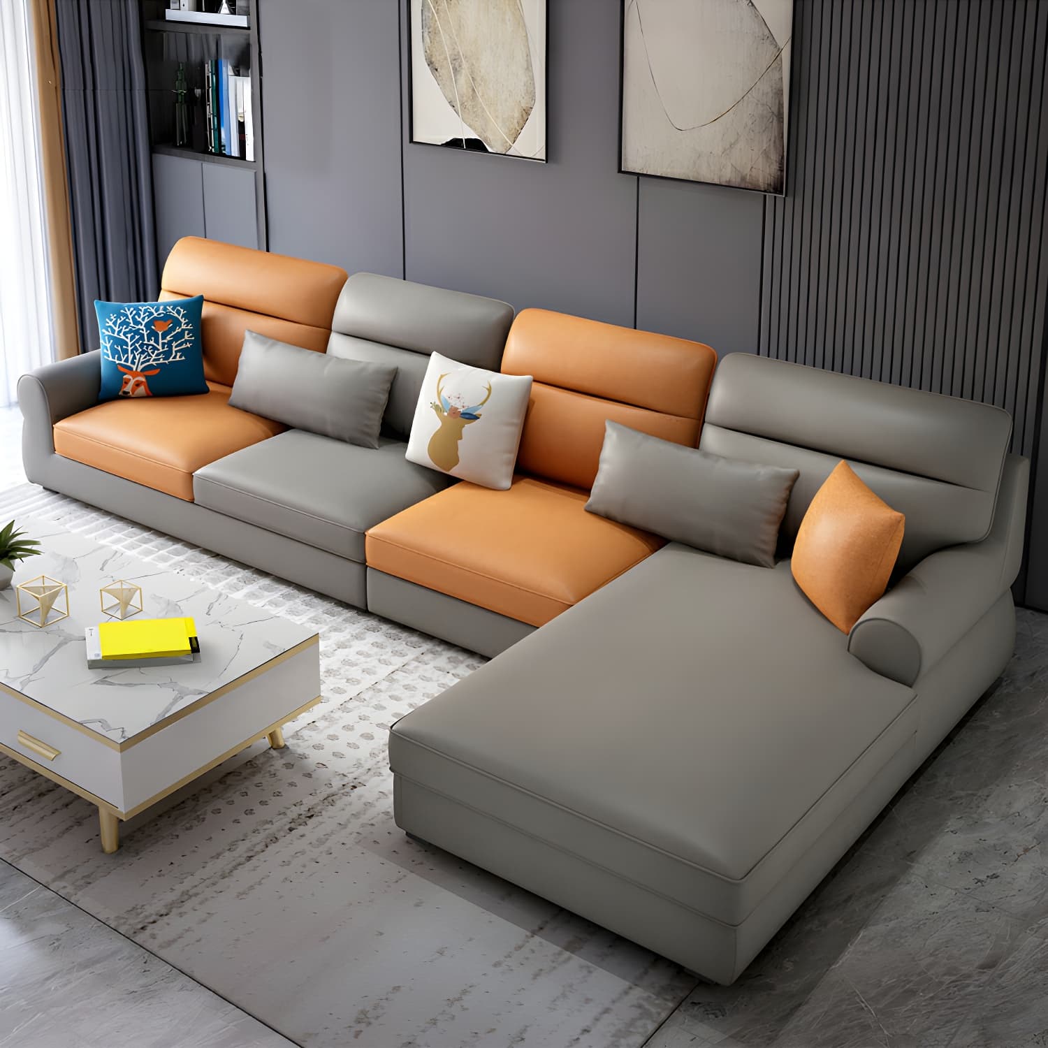 Large Modern L-Shape Stationary Wood Sectional Sofa with Round Arm and Cushion Back thumbnail 15