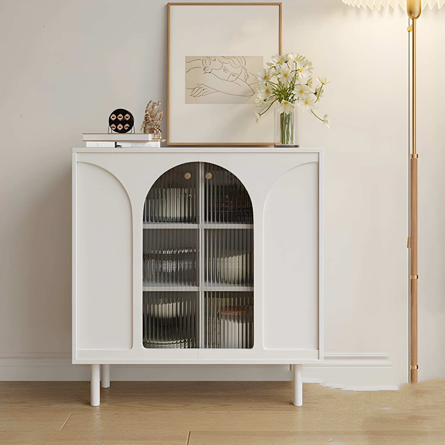 Modern Wooden Sideboard with Glass Doors and Adjustable Shelving