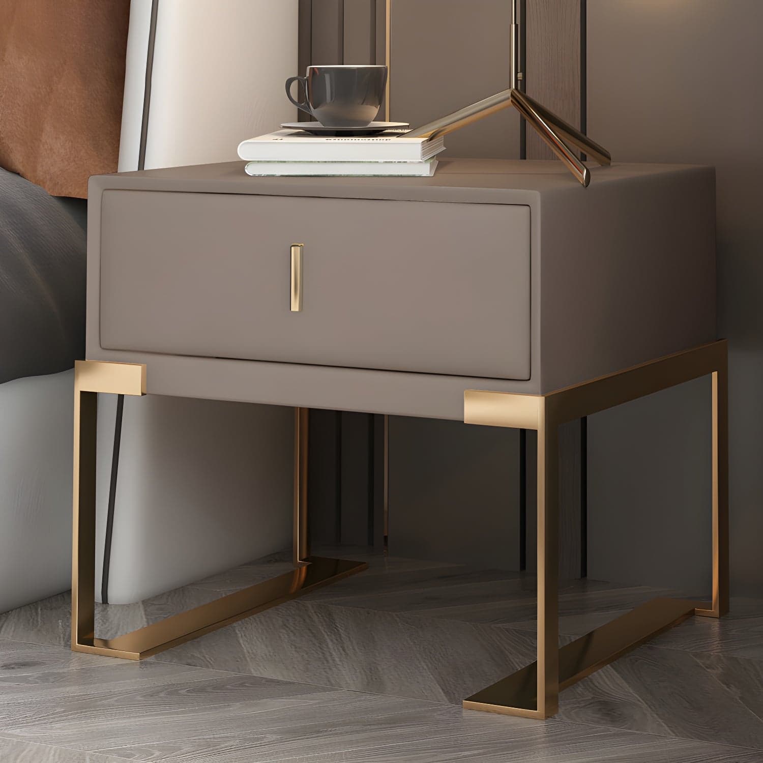 Faux Leather Nightstand 1-Drawer 21 Inch Tall Modern Legs Included Night Table thumbnail 4