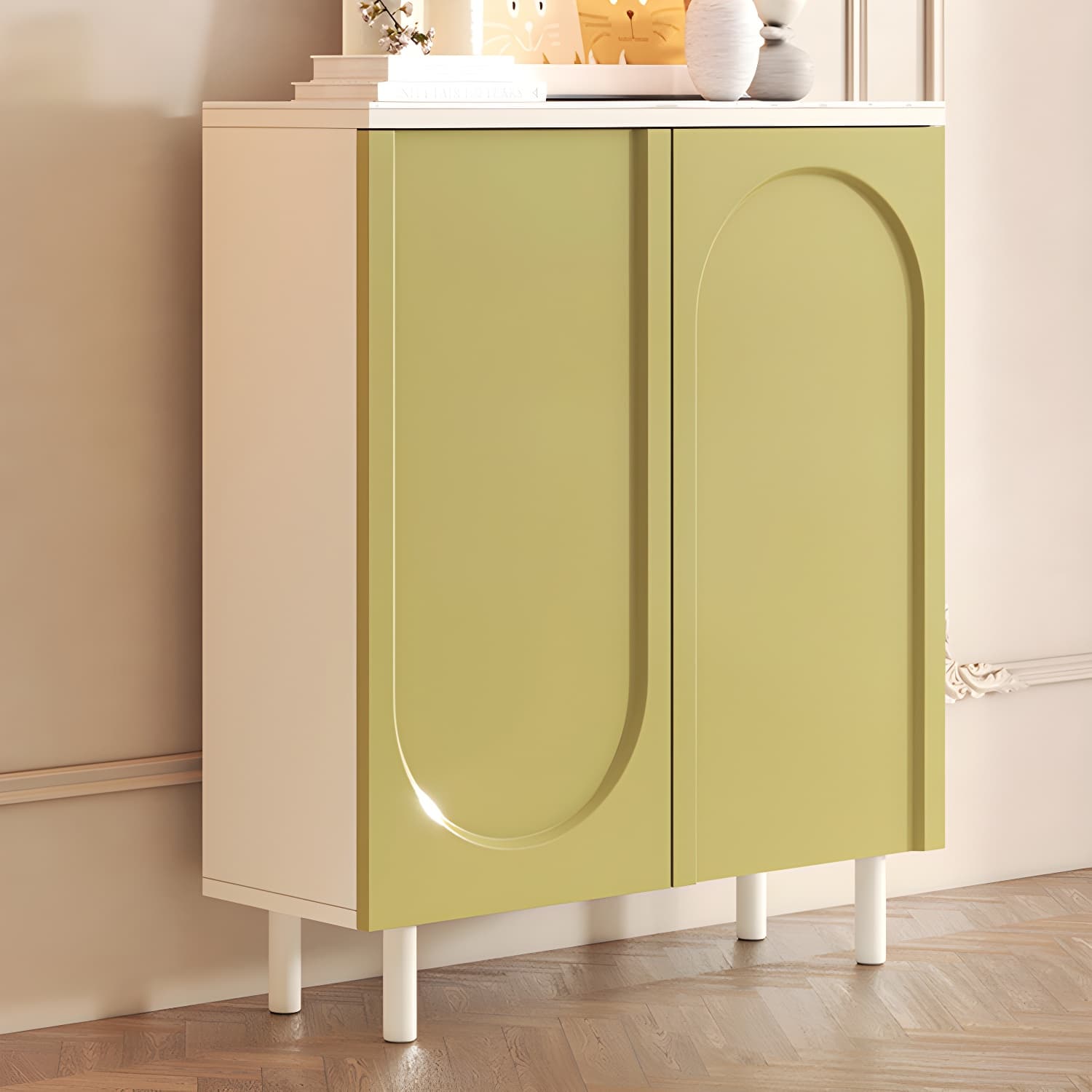 Scandinavian Wood Buffet Sideboard Cabinet with Stone Countertop Shelves Included