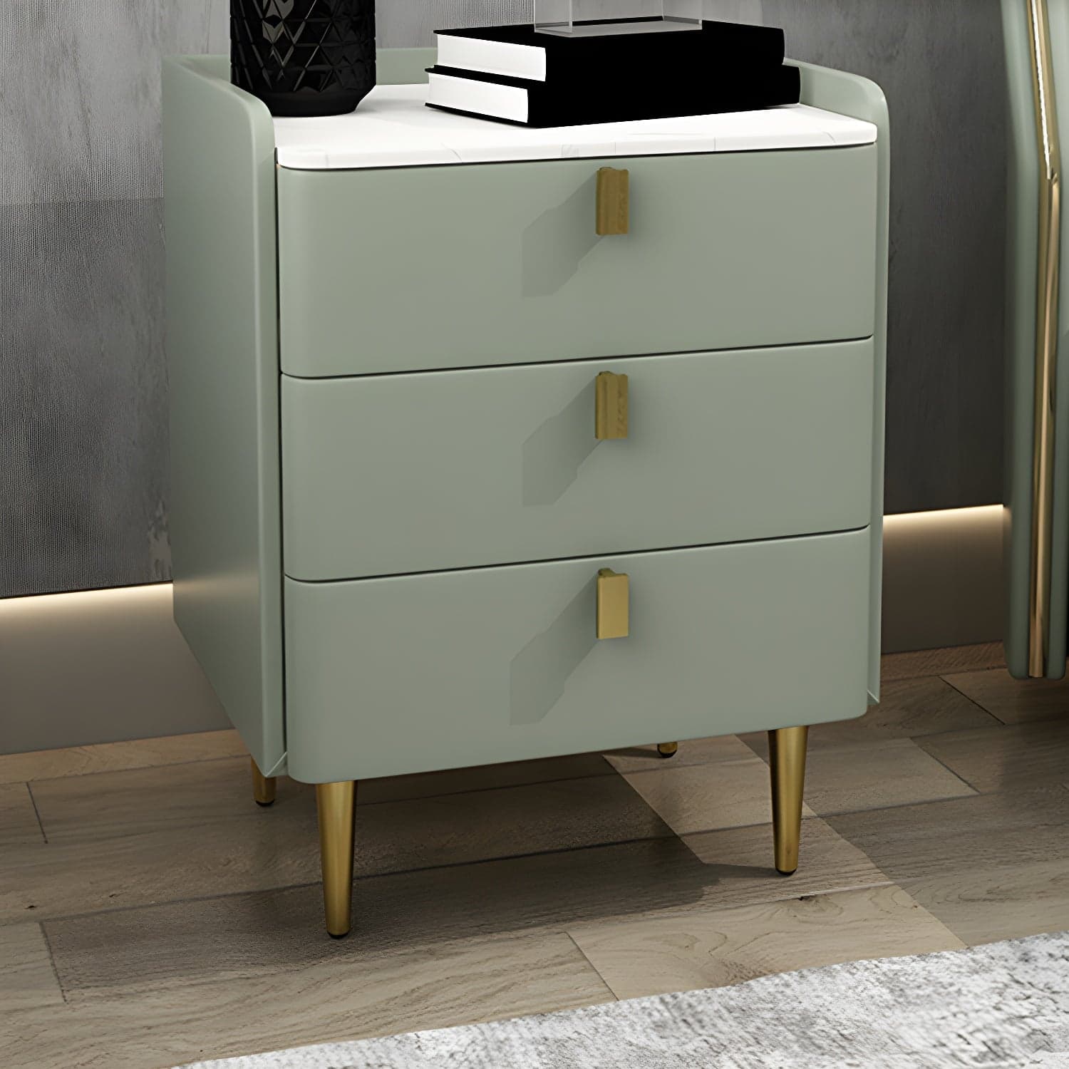 Faux Leather Nightstand Modern 3 - Drawer Nightstand with Stone Top thumbnail 9