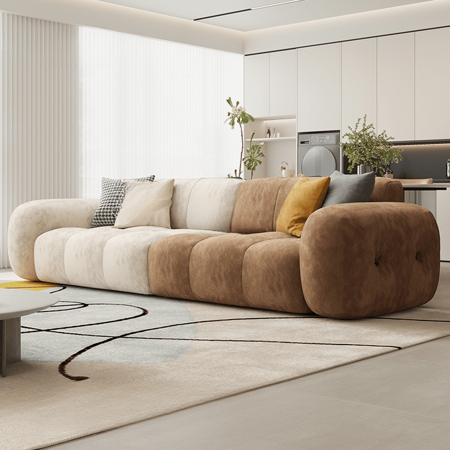 Channel Back L-Shape/Straight Right Hand Facing/Horizontal Sofa Recliner/Sofa Couch in Brown/Beige with Concealed Support & Pine Wood Frame for Living Room thumbnail 2