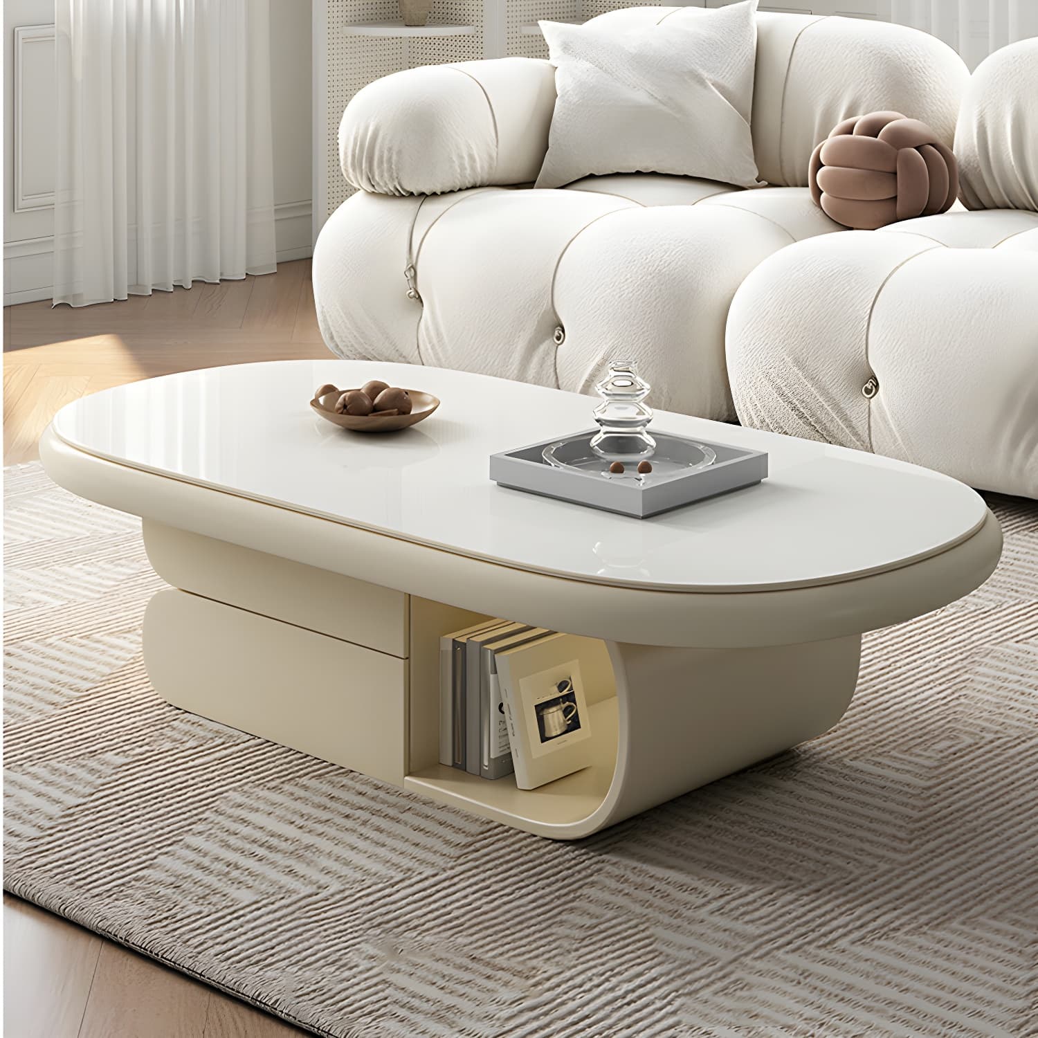 Modern Oval White Coffee Table with Storage, Shelves, and Drawers thumbnail 4
