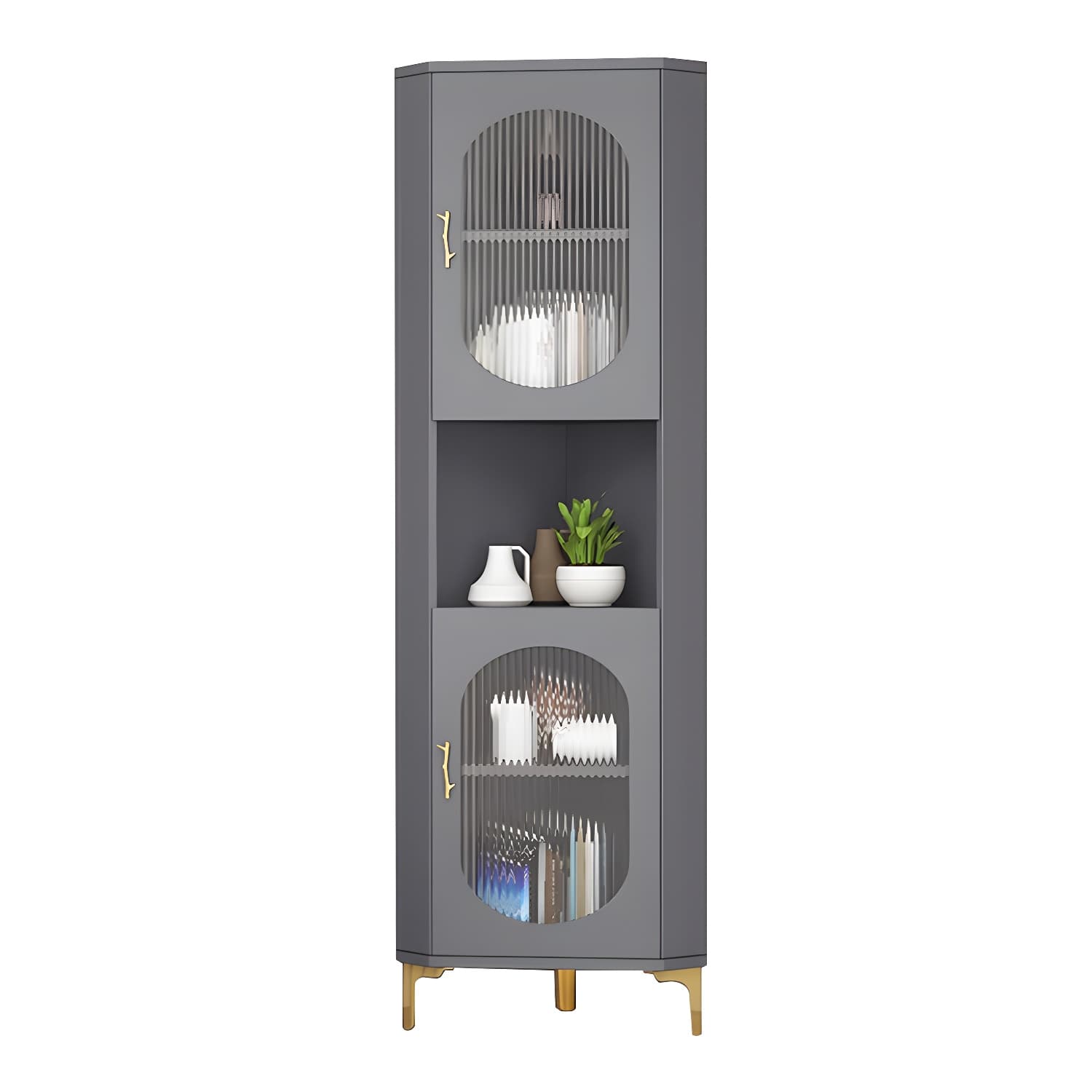 Gold Corner Modern Accent Cabinet with Glass Doors and Exterior Shelving thumbnail 6