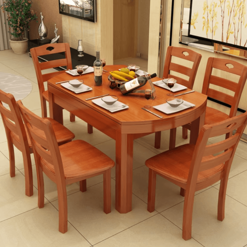 Dining Table Set with Rounded Wood Slab Top, 4 Legs, Drop Leaf, Back Seat, in White/Auburn/Amber Color thumbnail 1
