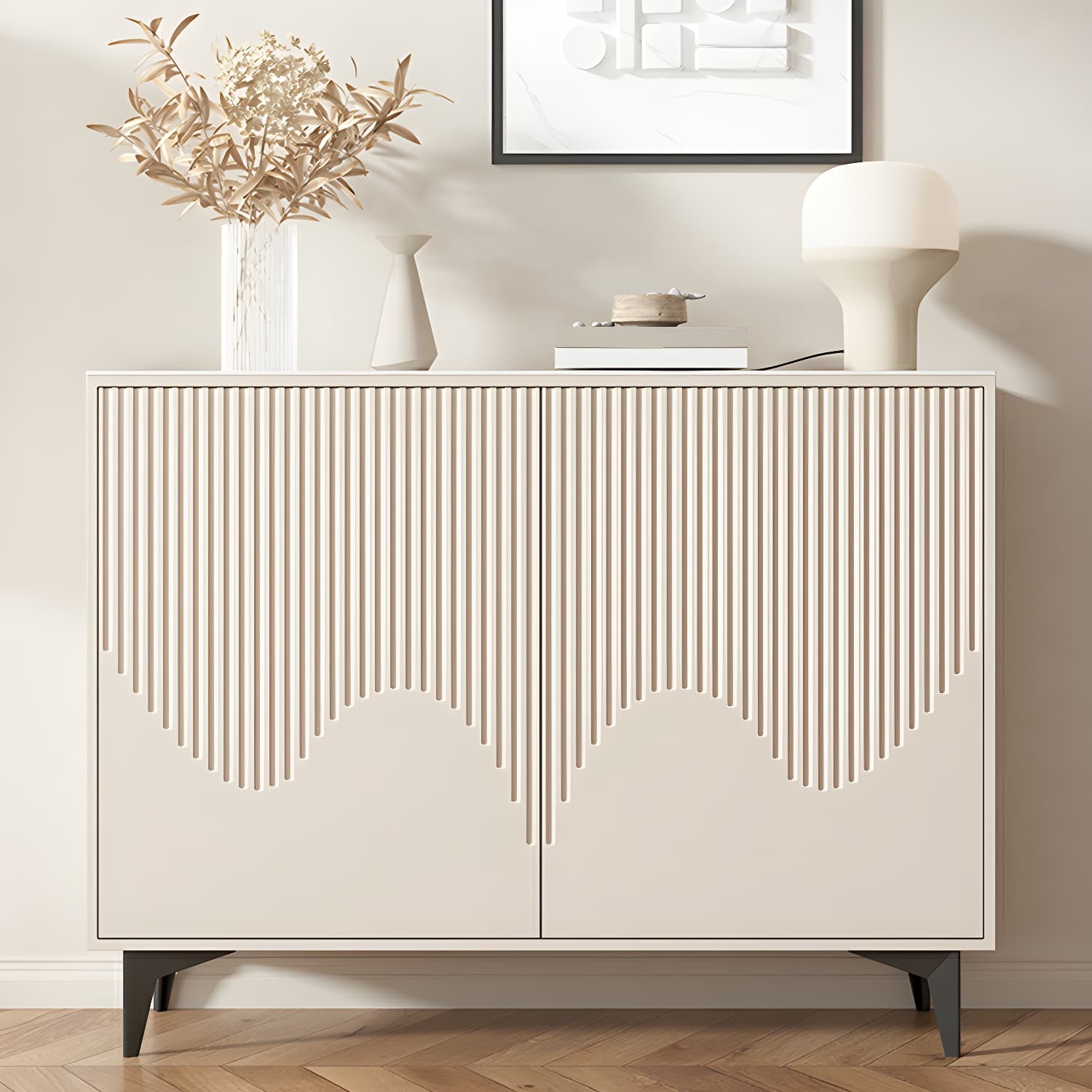 Modern White Wood Sideboard Credenza with Adjustable Shelving and 6 Interior Shelves thumbnail 3