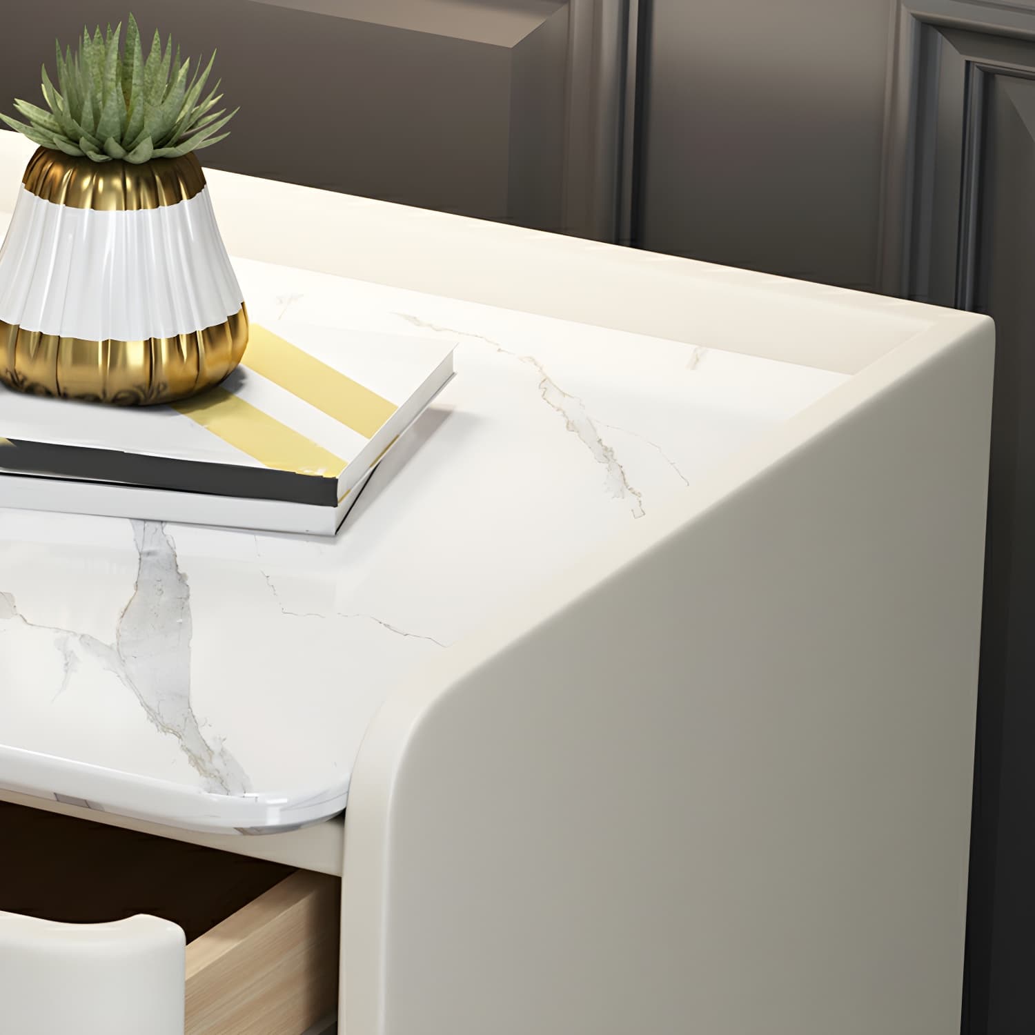 Glam Style Sintered Stone Top Drawer Storage Nightstand for Bedroom thumbnail 25
