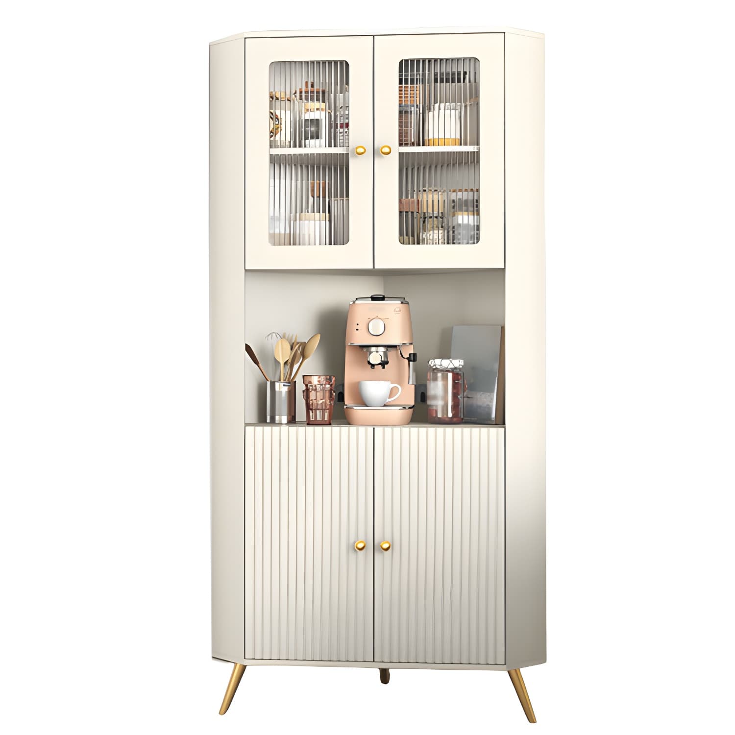 Modern Corner Accent Cabinet with White Wood Countertop, Glass Doors, and Gold Metal Base thumbnail 5