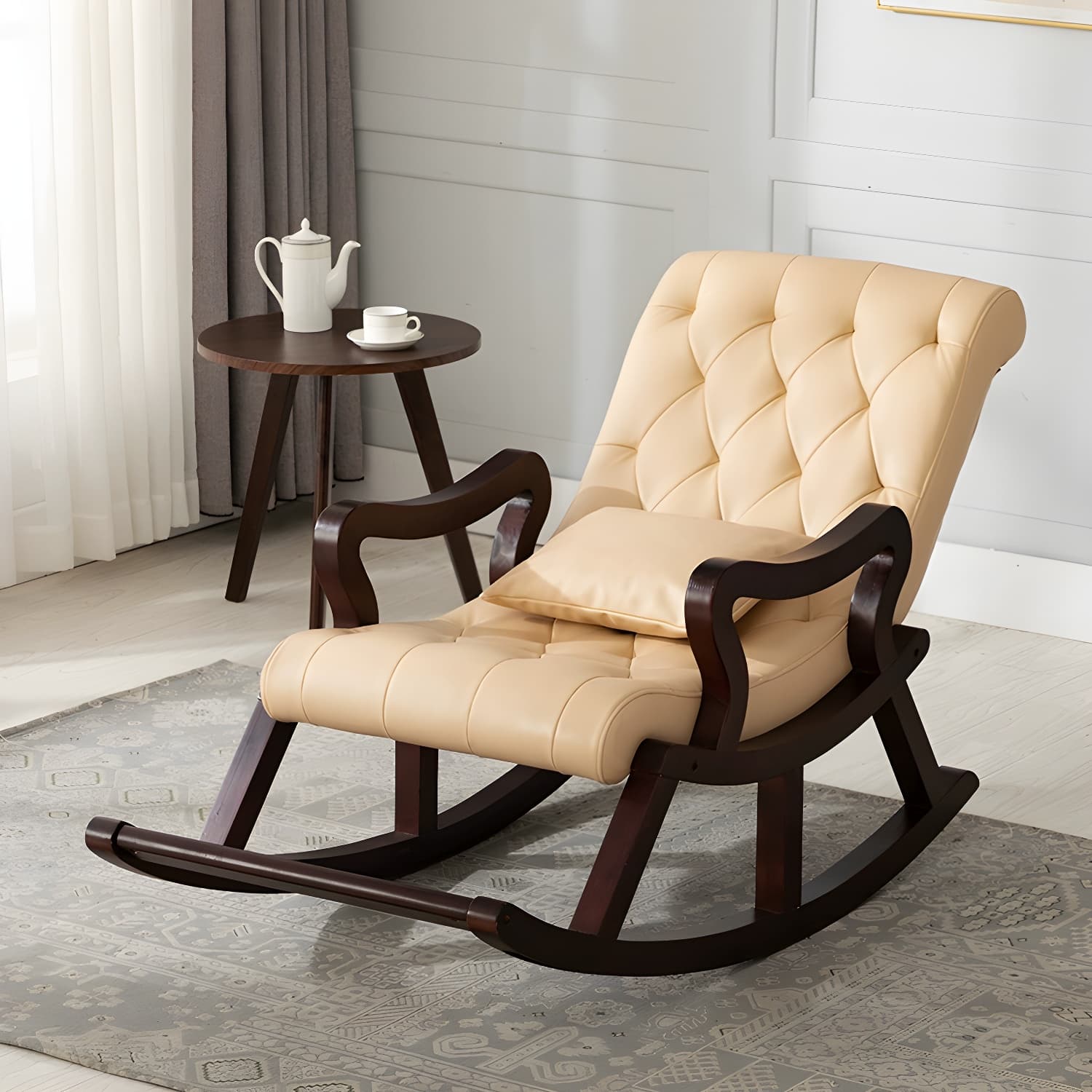49" Wide Solid Wood Faux Leather Rocking Accent Chair with Legs thumbnail 1