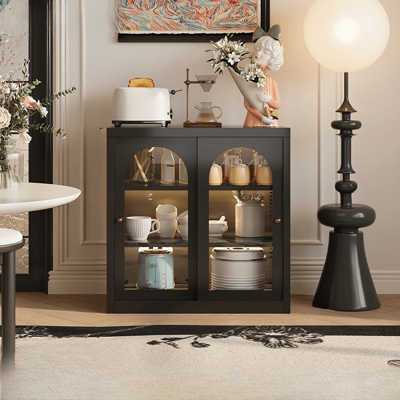 Simple Narrow Iron Countertop Sideboard with Cupboard, Glass Doors, and Changeable Shelf thumbnail 1