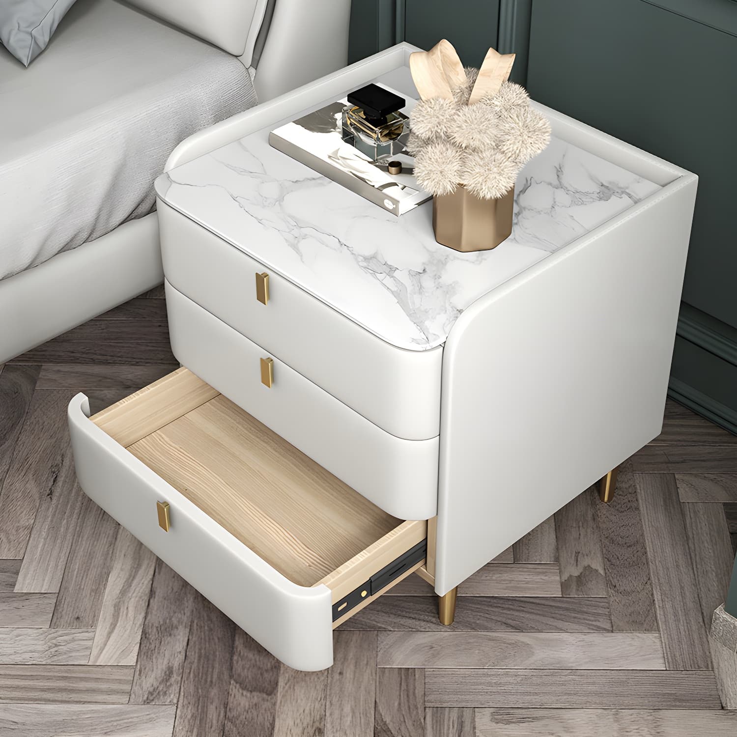Stone Top Nightstand 3-drawer Leather Night Table with 4 Legs thumbnail 13