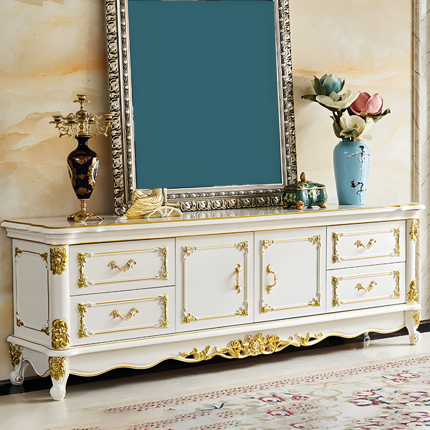 4 Drawers Contemporary Media Console Wood White TV Stand Console thumbnail 4