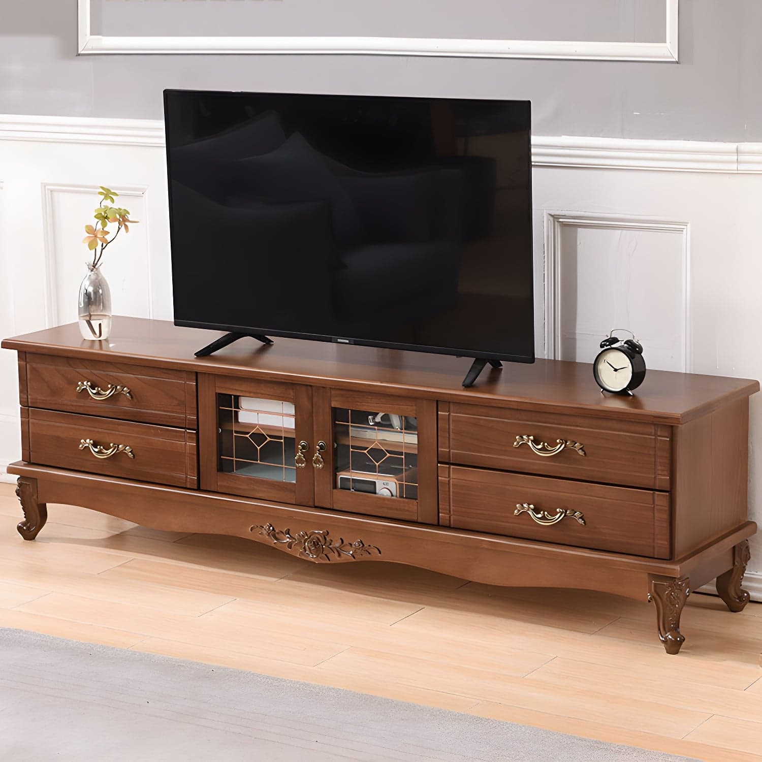 Traditional Solid Wood TV Cabinet Living Room Luxury TV Stand with Glass Doors thumbnail 2