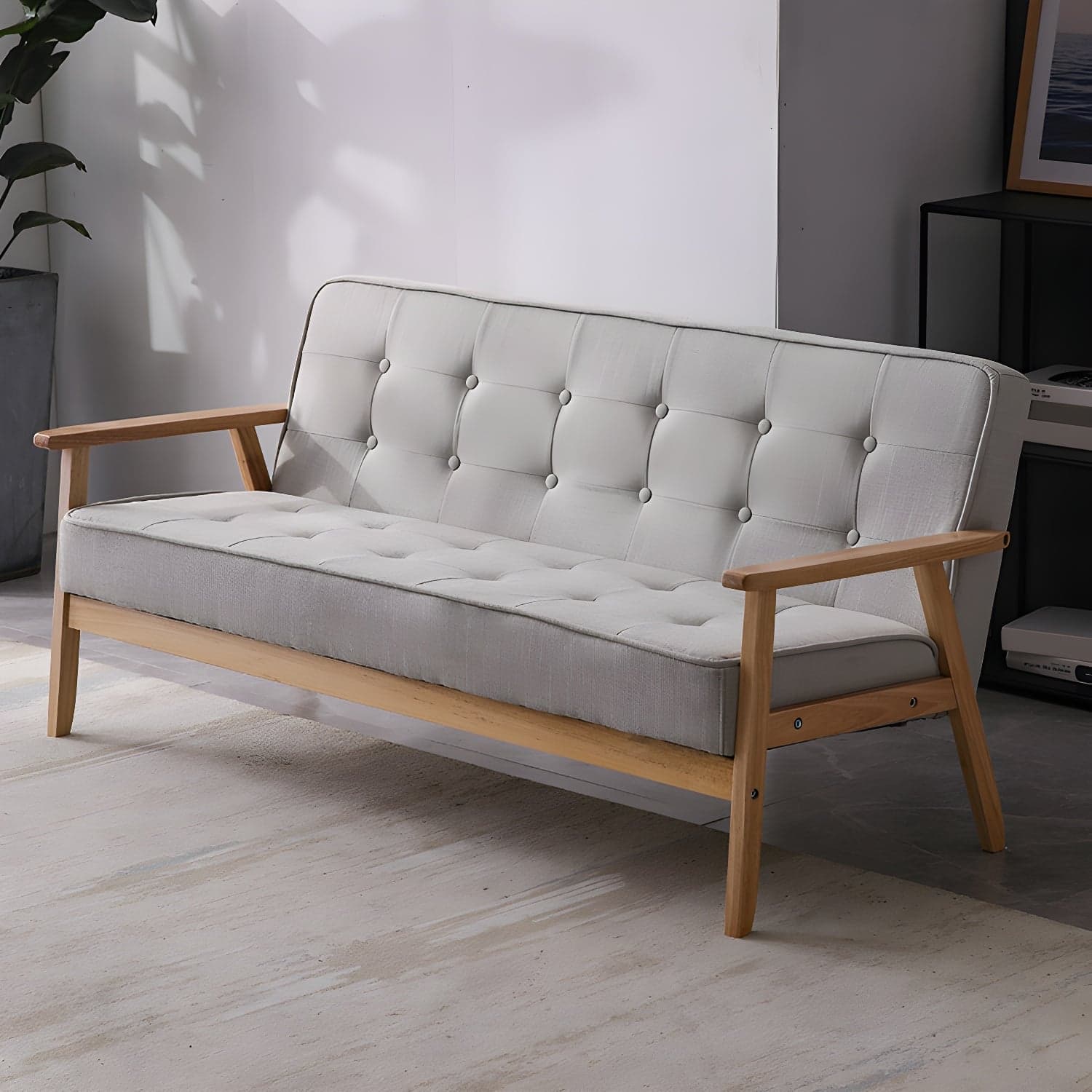 Mid-Century Modern Pine Wood Sofa with Tufted Back and Single Cushion Design thumbnail 5