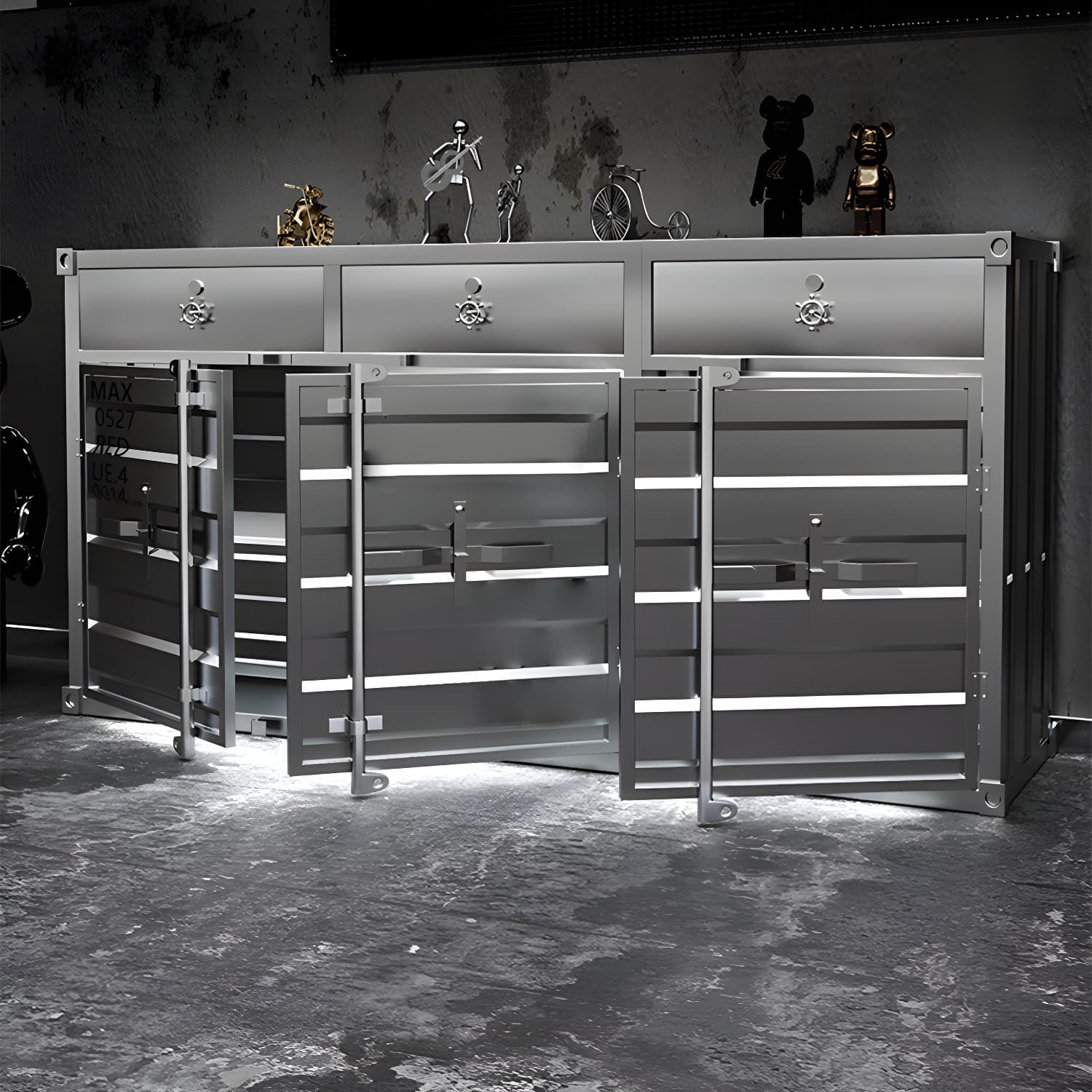 Industrial Silver Metal Sideboard Credenza with Cabinets and Shelves thumbnail 4