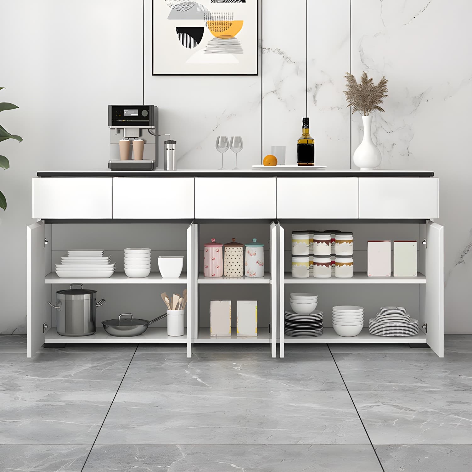 Modern White Sideboard with Glass Countertop, Cabinets, and Drawers thumbnail 2