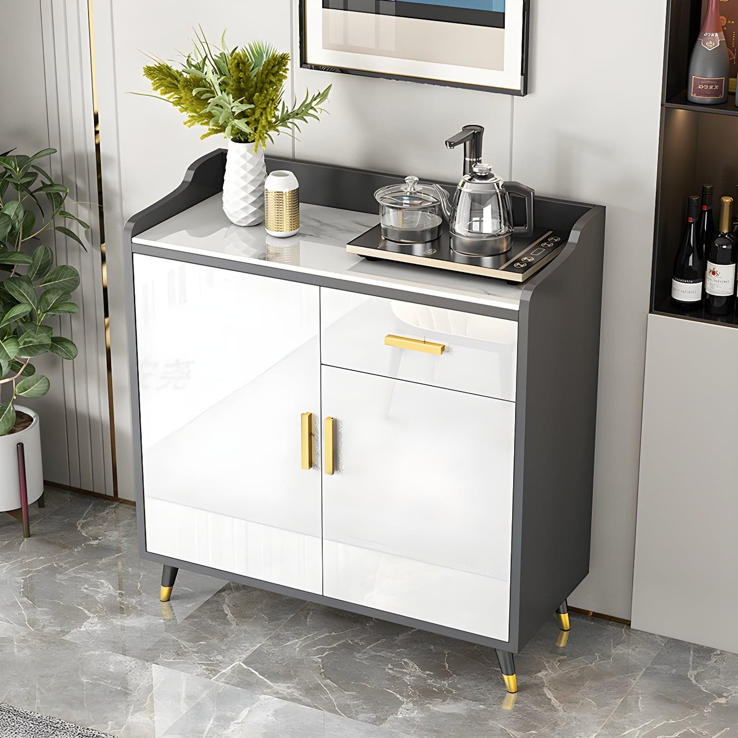 Modern Stone Top Shelves Included Sideboard with White & Grey Manufactured Wood Door - image 4