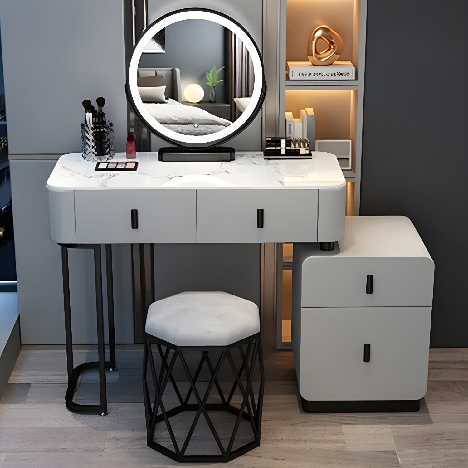 Modern Stone Top Makeup Vanity Desk with Solid Wood Storage Drawers thumbnail 13
