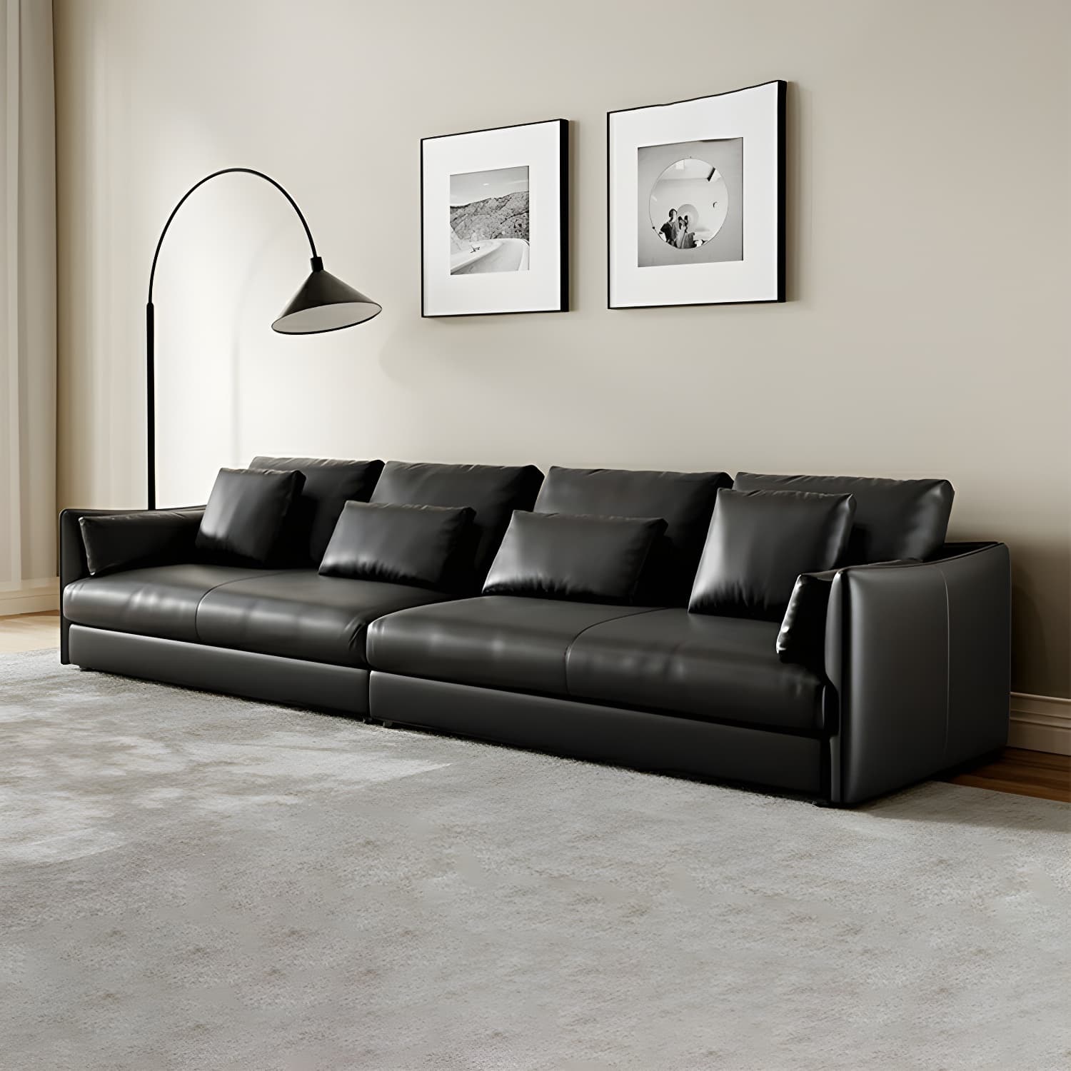 Modern Genuine Leather Sectional Sofa in Black with Recessed Arm thumbnail 1