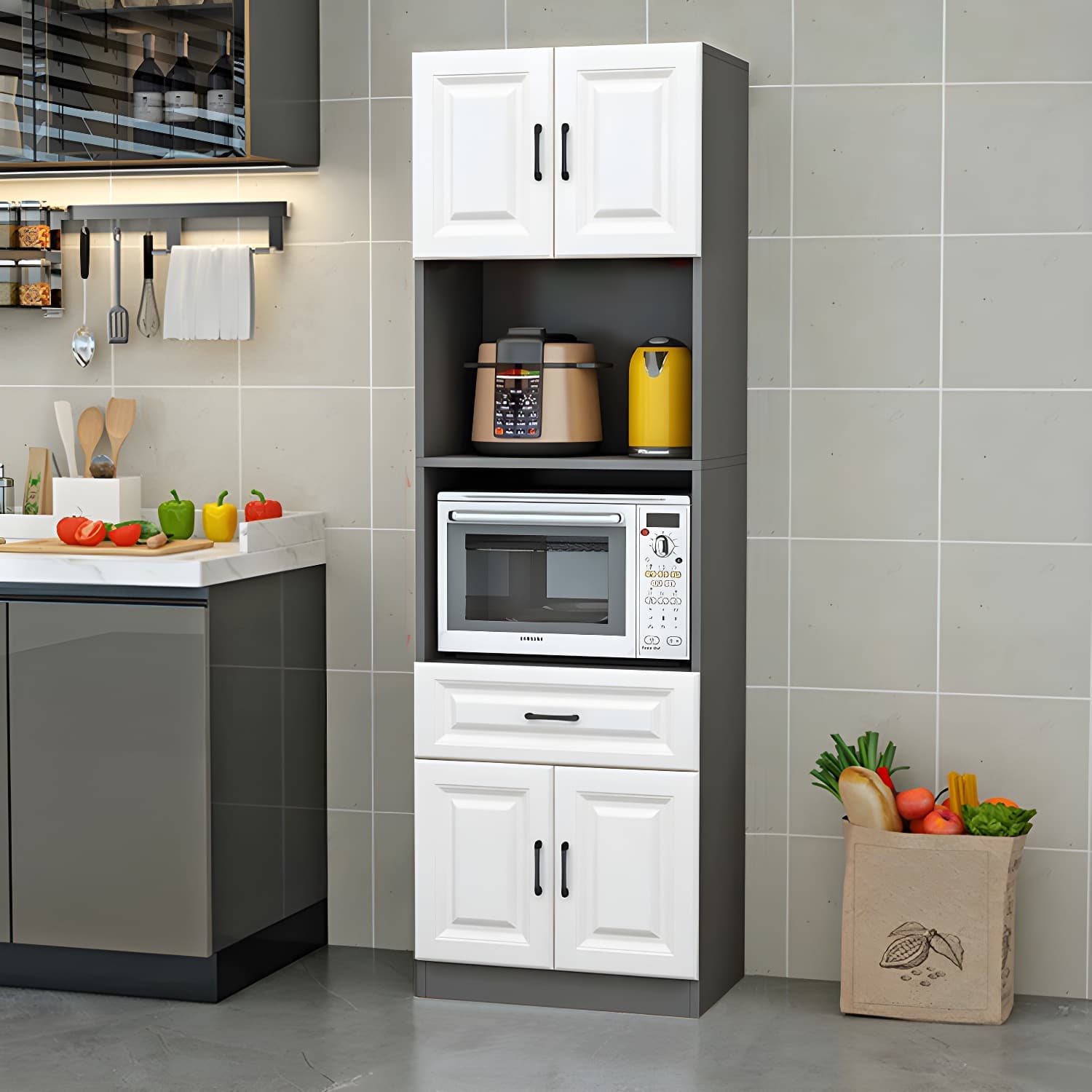 Wood Glam Server with Cabinets and Drawers - Narrow Size - Stylish and Functional