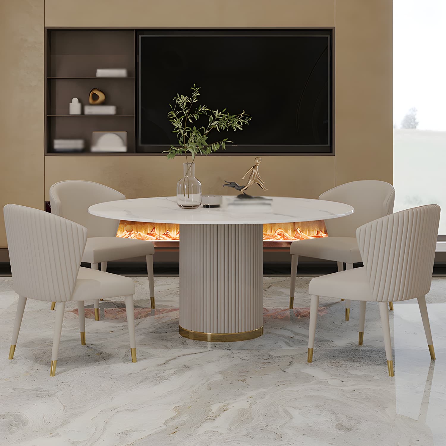 Modern 1/4/5/7 Pieces Round Dining Set Sintered Stone Dining Table Set with Leather Chairs thumbnail 3
