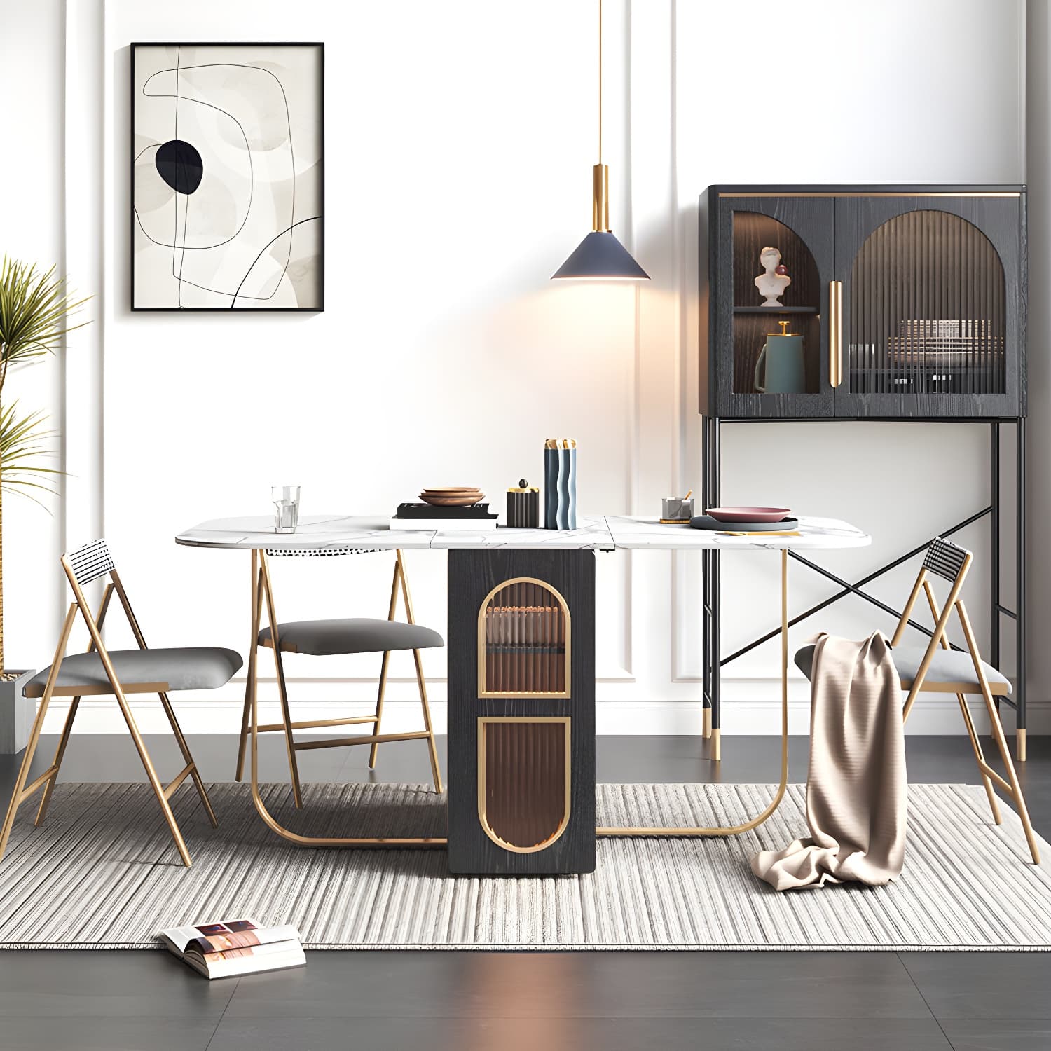 Modern 1/2/3/4/5 Pieces Rectangle Dining Table Set with Stone Top Foldable Dinette Set thumbnail 2
