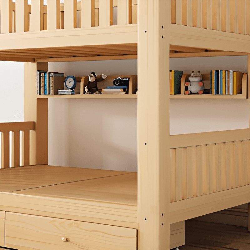 Timber Wood Color Bunk Bed with 2 Storage Boxes, Safety Guardrail & Compartment Bedroom thumbnail 4