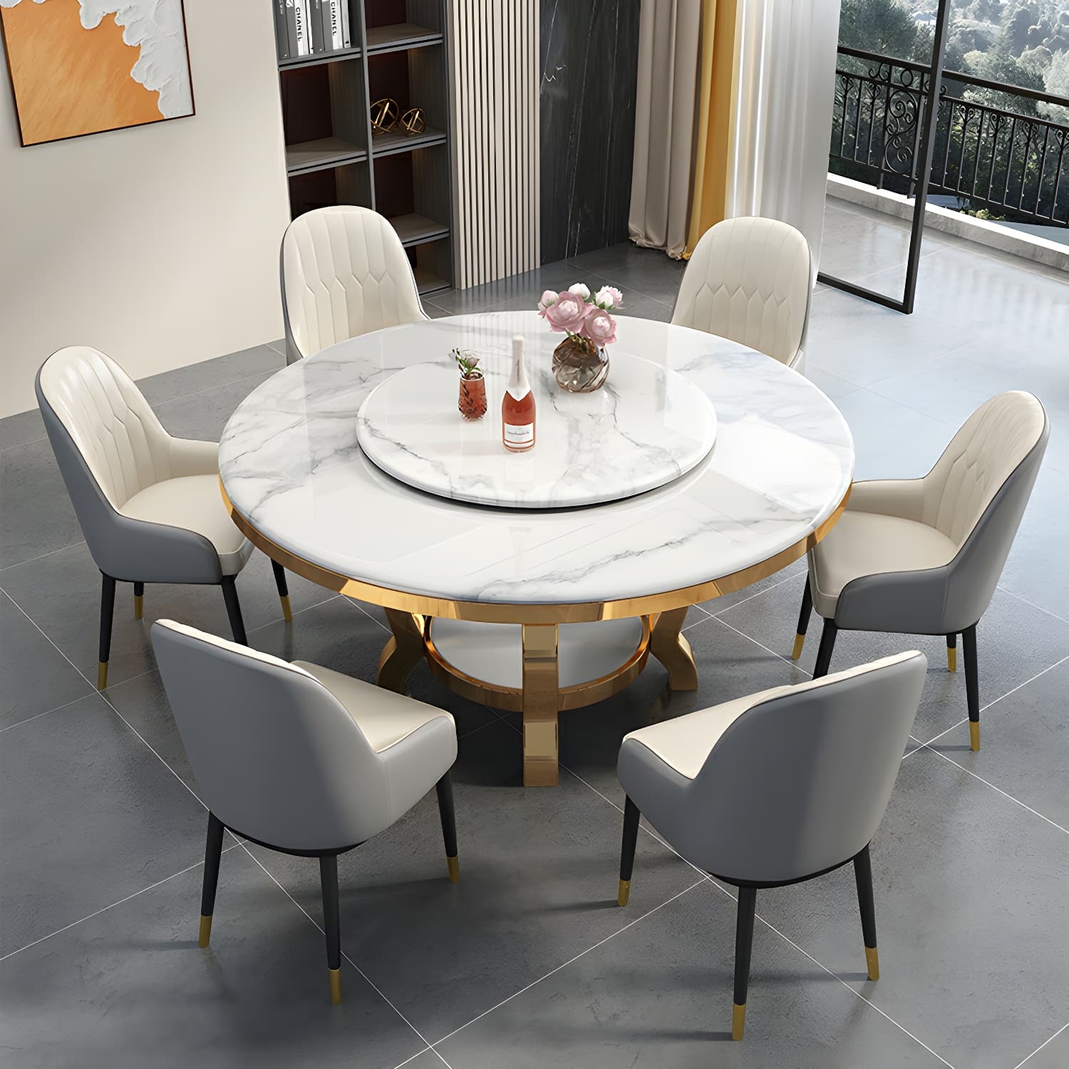 Kitchen 1/7/9/11 Pcs Dining Set with Round Dinette Table and Leather Chairs thumbnail 3