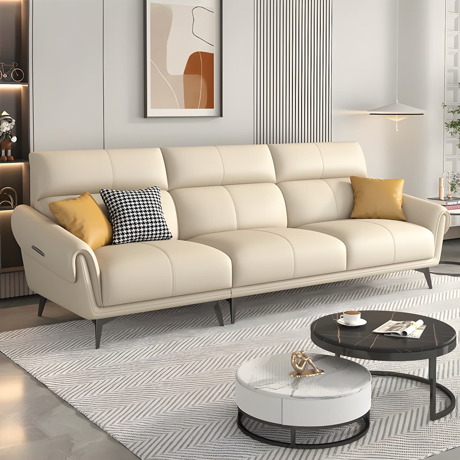 Faux Leather Flared Arm Sofa in Beige of 37.4" H with Cushions thumbnail 1