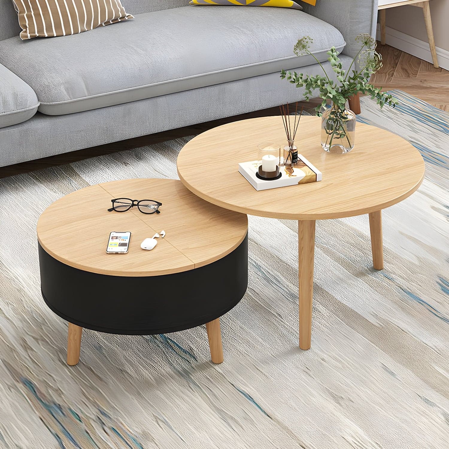 Round Solid Wood 3 Legs Coffee Table with Storage Drawers Modern Cocktail Table thumbnail 6