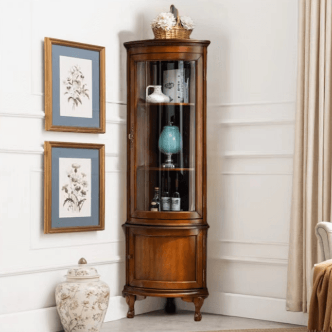 Traditional Medium Brown Corner Accent Cabinet with Wood Countertop and Exterior Shelving thumbnail 1