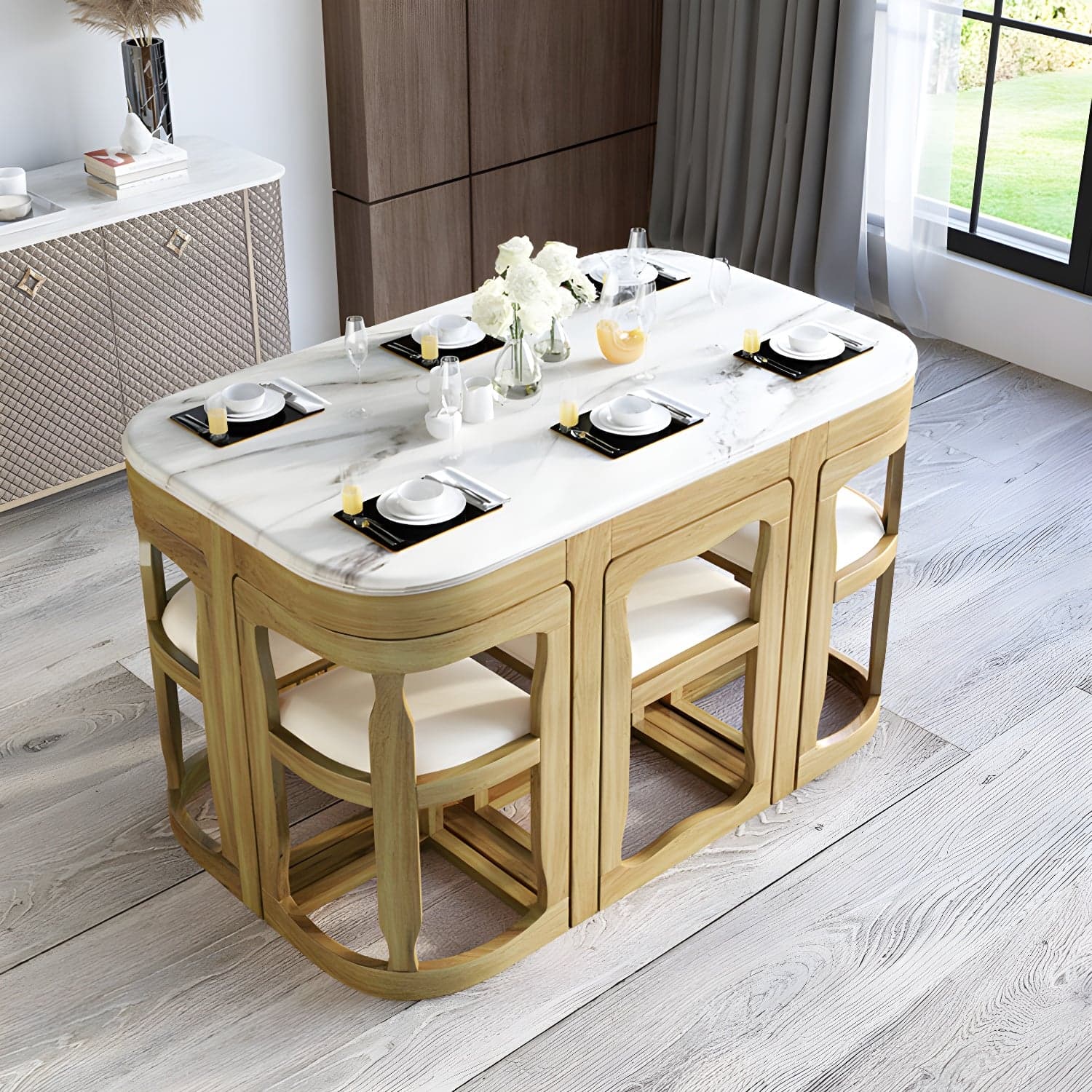 7-Piece Modern Wood Dining Set with Trestle Base and Upholstered Chairs in White - Seats 6 thumbnail 5