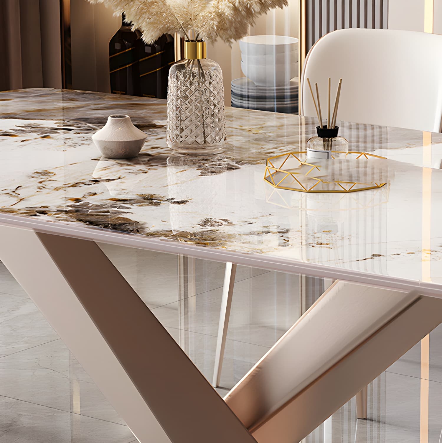 Modern Sintered Stone Top Dining Set Rectangle 1/2/5/7 Pieces Dinette Table Set in Gold thumbnail 8