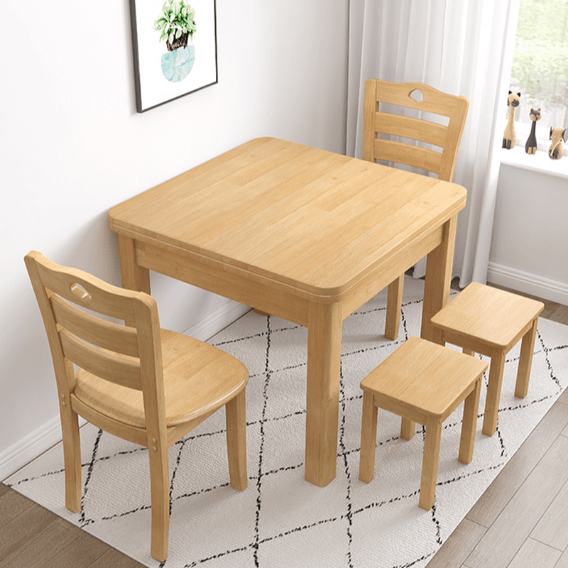 Square Fixed Dining Table Set with 4 Legs, a Wood Tabletop in Natural/Auburn/White, Back Chairs and Stool in a Simple Style thumbnail 2