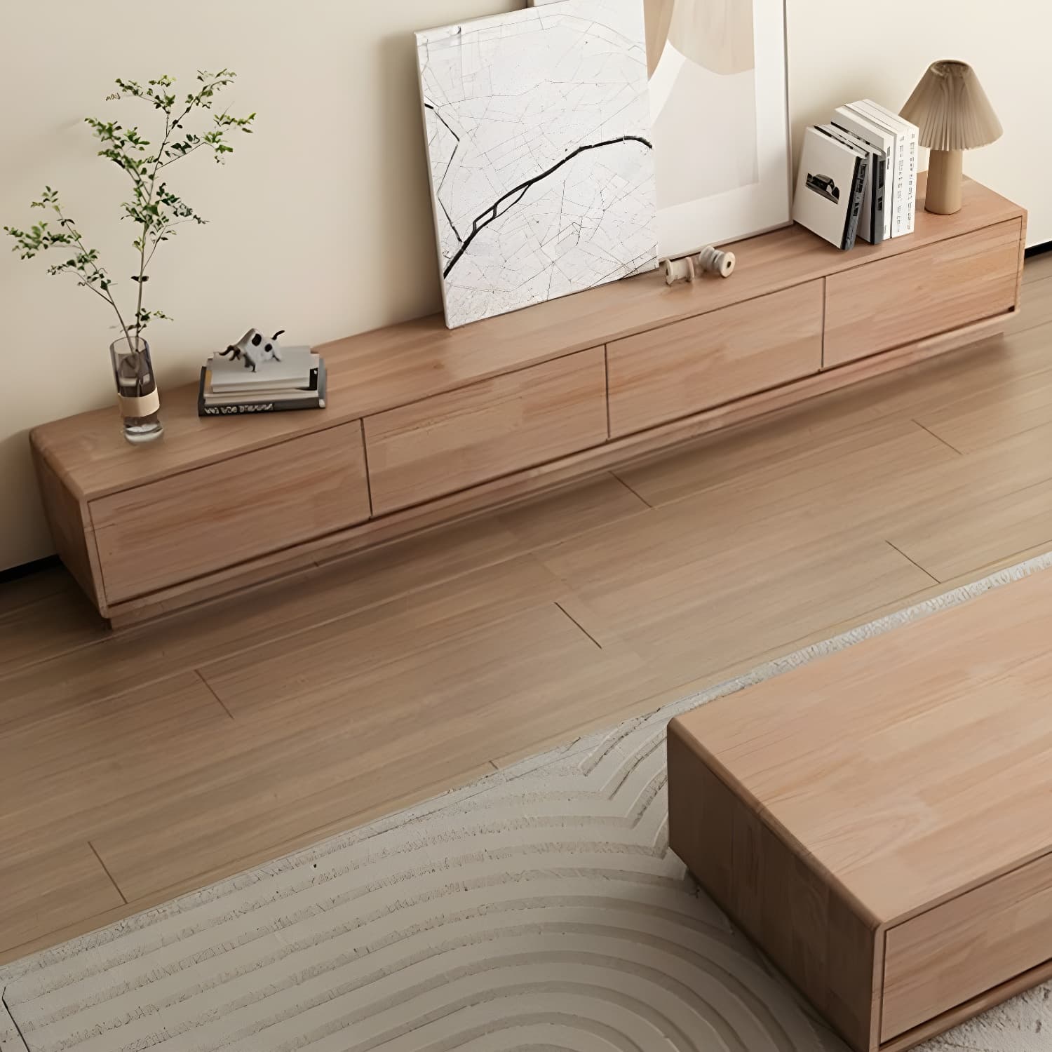 Modern Wood TV Stand with Drawers and Low Height, Featuring Cable Management thumbnail 6